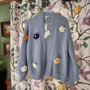Cato Blue Cardigan with Floral Accents